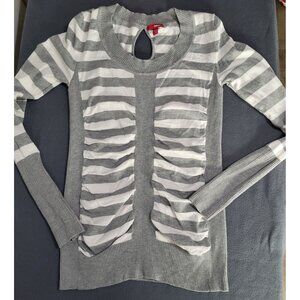 Y2K BONGO SZ LG Striped Ruched Long Length Lightweight Sweater Gray Keyhole Back